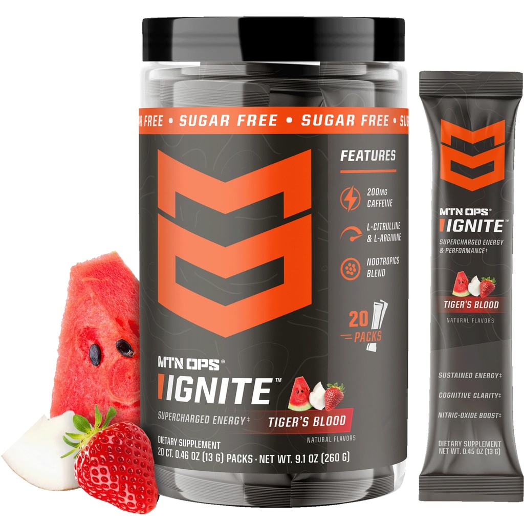 MTN OPS Ignite Trail Packs Energy Drink Powder, Gluten Free Nootropic Supplement Drink Mix, L Arginin, L Citruline, Kofein & Nootropic Sugar Free Drink Mix, 20 Servings, Tiger 's Blood