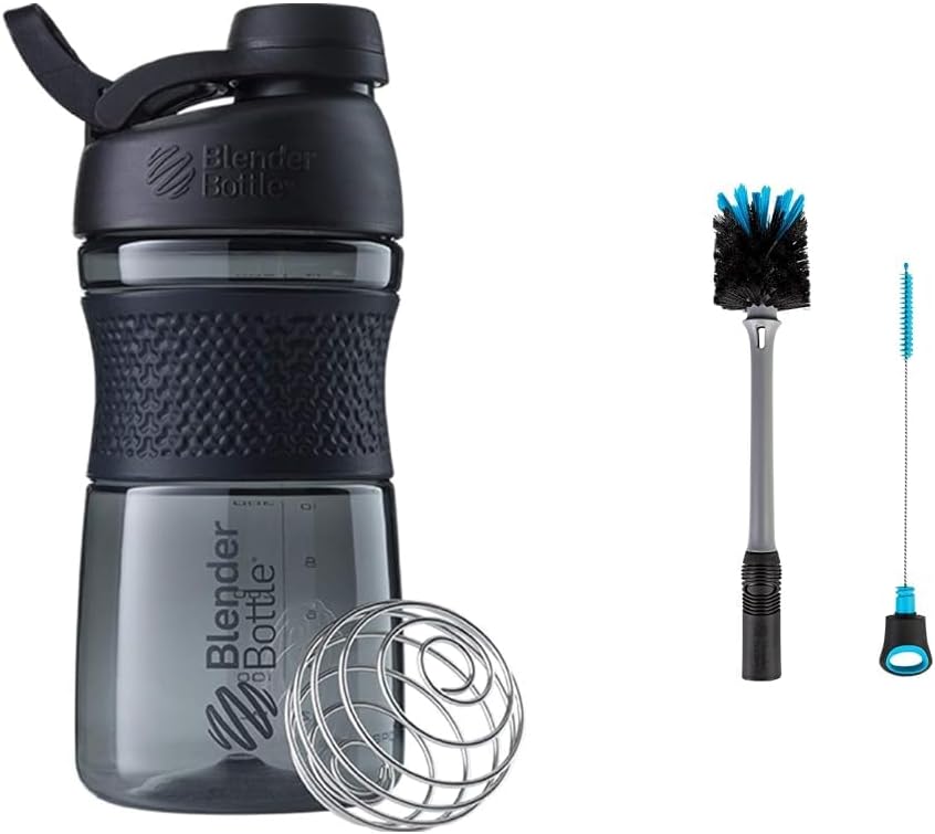 BlenderBottle SportMixer Lahvička perfektní pro proteinové třepání a předcvičení, 20-Ounce, Black & 2-in-1 Shaker Lahvička a Straw Čisticí kartáč, 1 Pack, šedá