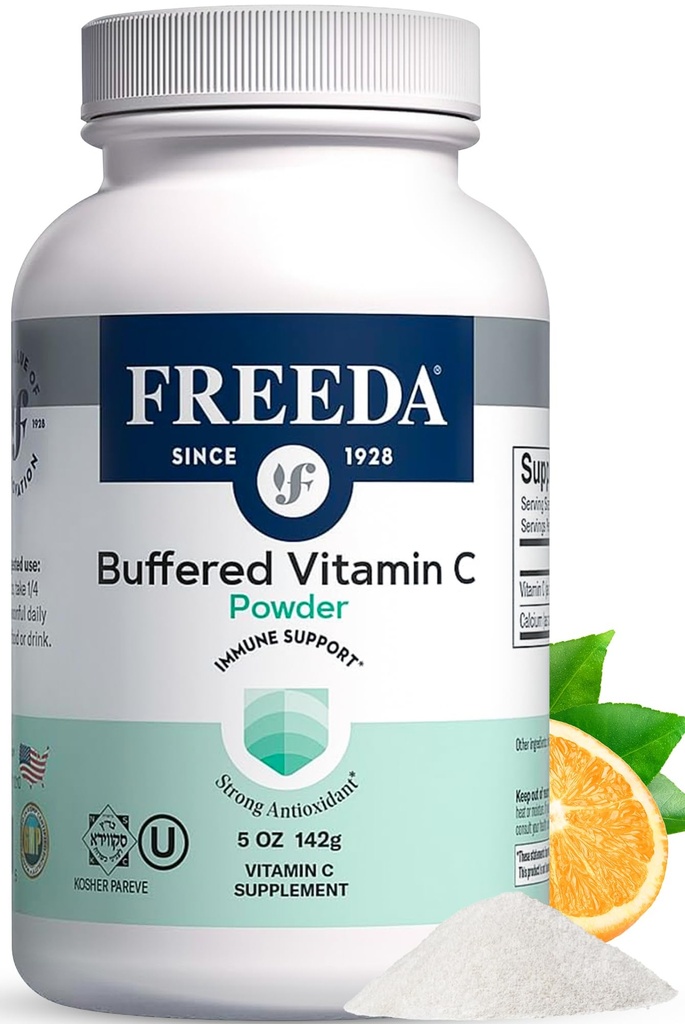 FREEDA Buffered Vitamin C Powder (kalcium askorbát) - Non- Acidic, Stomach- Friendly Vitamin C pro citlivé jedince - Vegan, Kosher, Sugar- Volný imunitní podpora - 5 oz