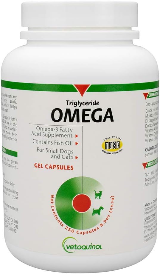 Vetochinol Triglycerid Omega 3 dodatek pro psy a kočky, Rybí olej dodatek s EPA a DHA, Promotes Skin, Coat, Joint, a imunitní zdraví, Omega 3 Rybí olej pro psy a kočky do 30lbs, 250ct