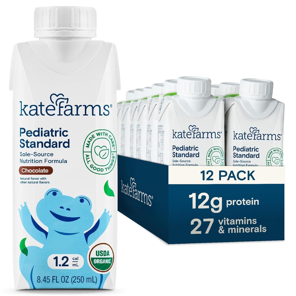 KATE FARMS Organic Pediatric 1.2 High Calorie Chocolate Nutrition Shake, 12g Protein, 27 Vitamíny a minerály, náhrada jídla, 8.45 oz (12 balení)