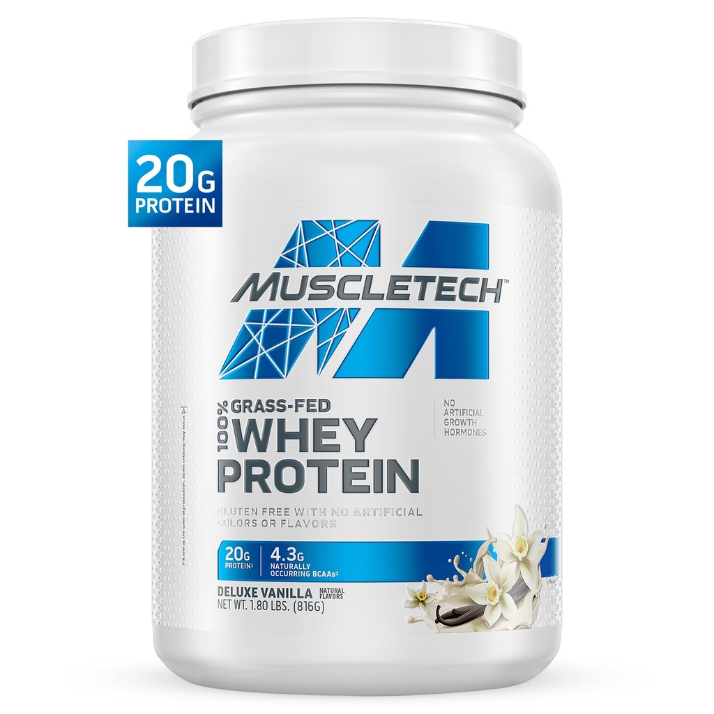 Muscletech Grass- Fed Whey Protein Powder (Deluxe Vanilla, 1.8LB) - Syrovátka Protein Smoothie & Milk Shake Mix podporuje svalový zisk a zotavení - 20g syrovátkového proteinu pro ženy a muže - Non- GMO & gluten- bez