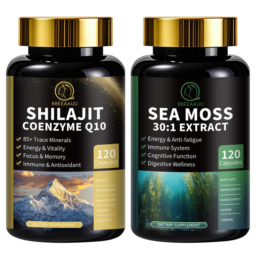 Shilajit pro muže, Moss moře a Shilajit Bundle, Vše v 1 Doplňky s Coenzym Q10, Černé semeno, Ashwagandha, Taurin, Burdock pro energii, Vytrvalost, Antioxidant & imunitní podpora, 240 Kapsle