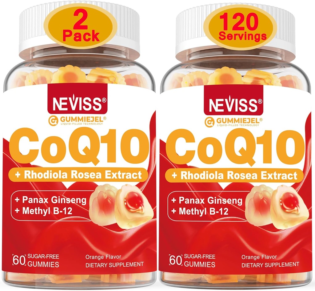 NEVISS Sugar Free CoQ10 Plněné gumy s vitaminem B12 1000mcg, Rhoddiola Rosea a Panax Ginseng Extract, Vitamin B6, Koenzym Q10 dodatek, 2 Pack