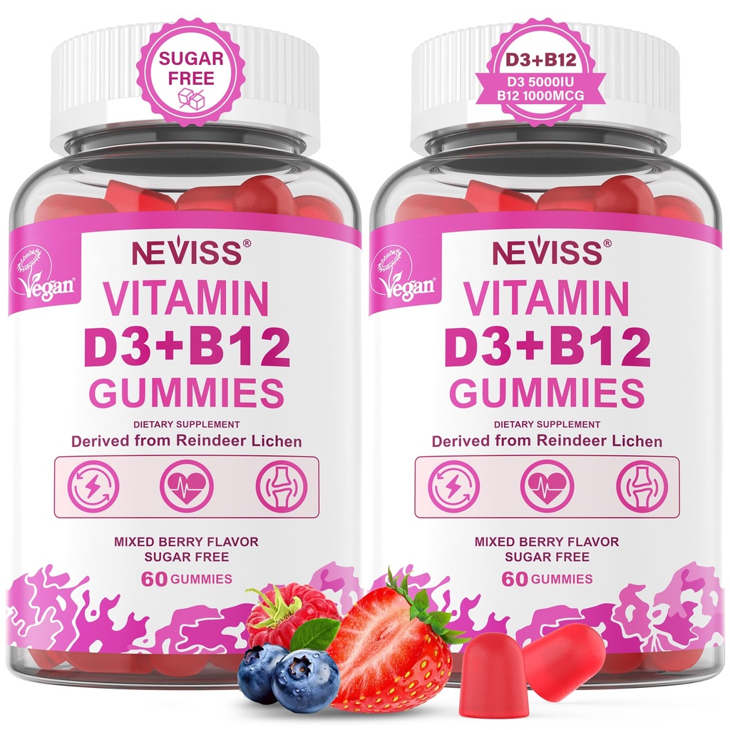 NEVISS 2Pack Vegan Vitamin D3 + Vitamin B12 Gummies, High Potency D3 5000IU & 1000 mcg Metylovaný B12, Vitamin D3 a B12 pro dospělé, Podpora zdraví kostí, Imunity & Energy dodatek, 120 Počet