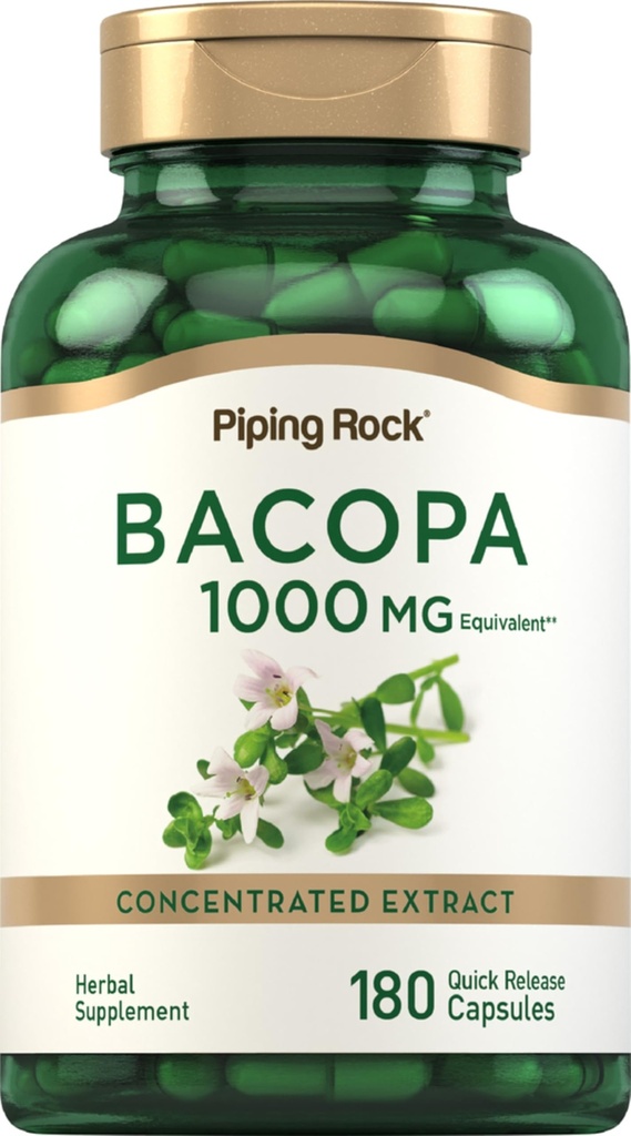 Piping Rock Bacopa Monnieri dodatek 1000mg column 124; 180 kapslí 124; Bylinné extrakt 124; Non- GMO & gluten zdarma