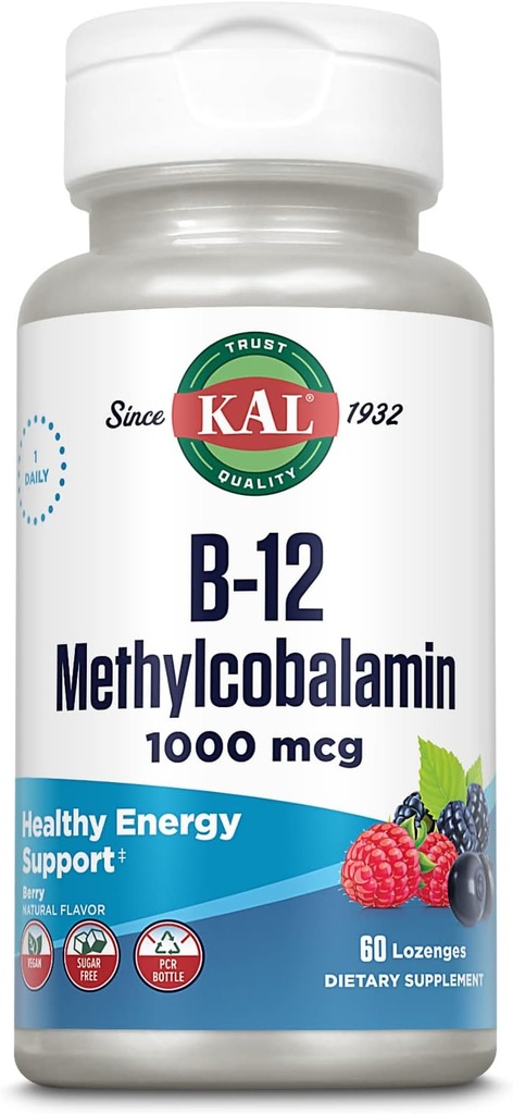 Kal Vitamin B-12 Methylkobalamin Lozenges 1000mcg, Zdravá energie, Metabolismus, Nerve & Red Blood Cell Support, * Optimální absorpce, přírodní Berry Flavor, Vegan, Sugar Free, 60 Služeb, 60 Lozengů