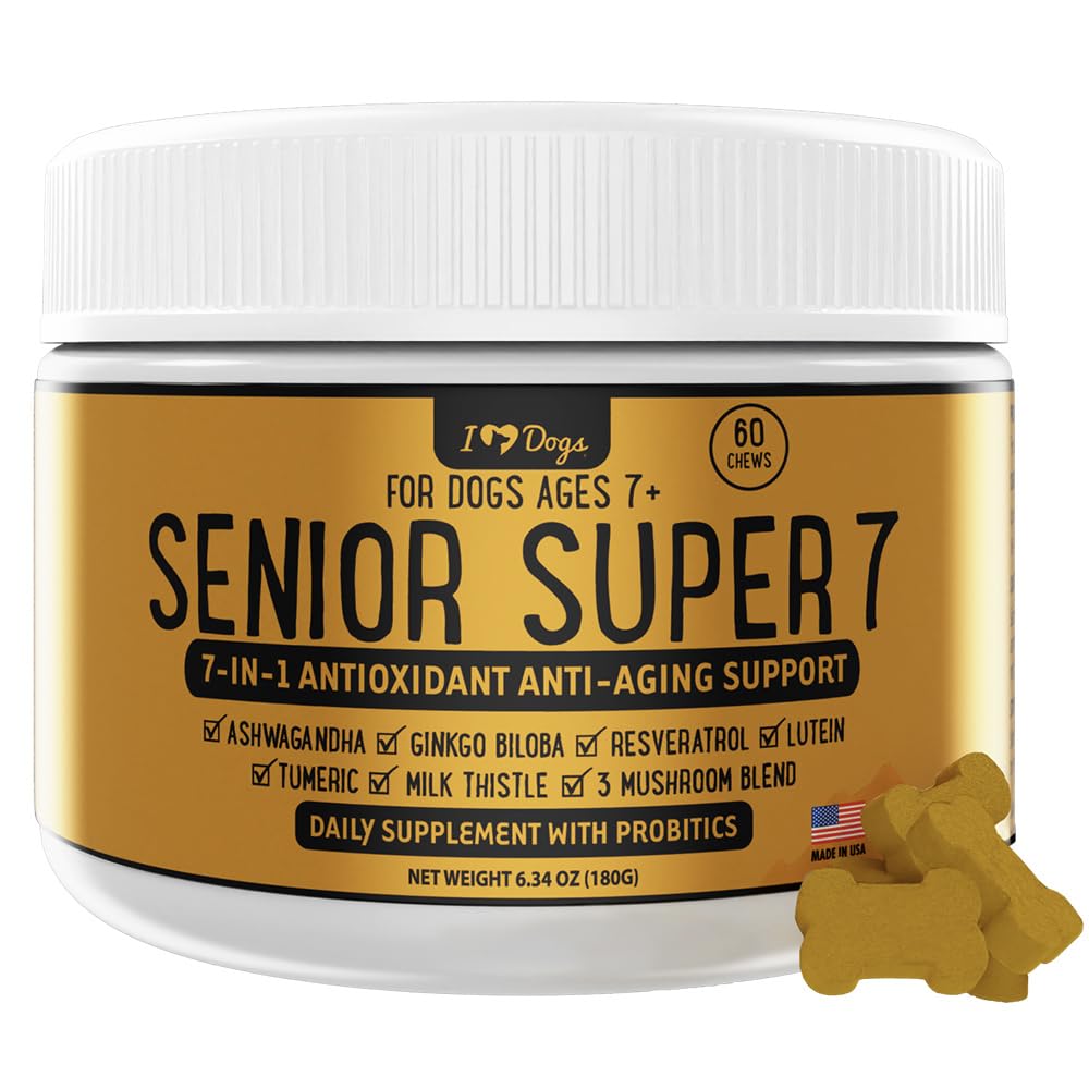 iHeartDogs senior Super 7 Denní pes Multivitamin - 7- in-1 Vitamin pro psy podporuje anti- stárnutí s antioxidanty, probiotika, Lion 's Mane, krůtí ocas, & Ashwagandha pro dlouhověkost & kognitivní boost