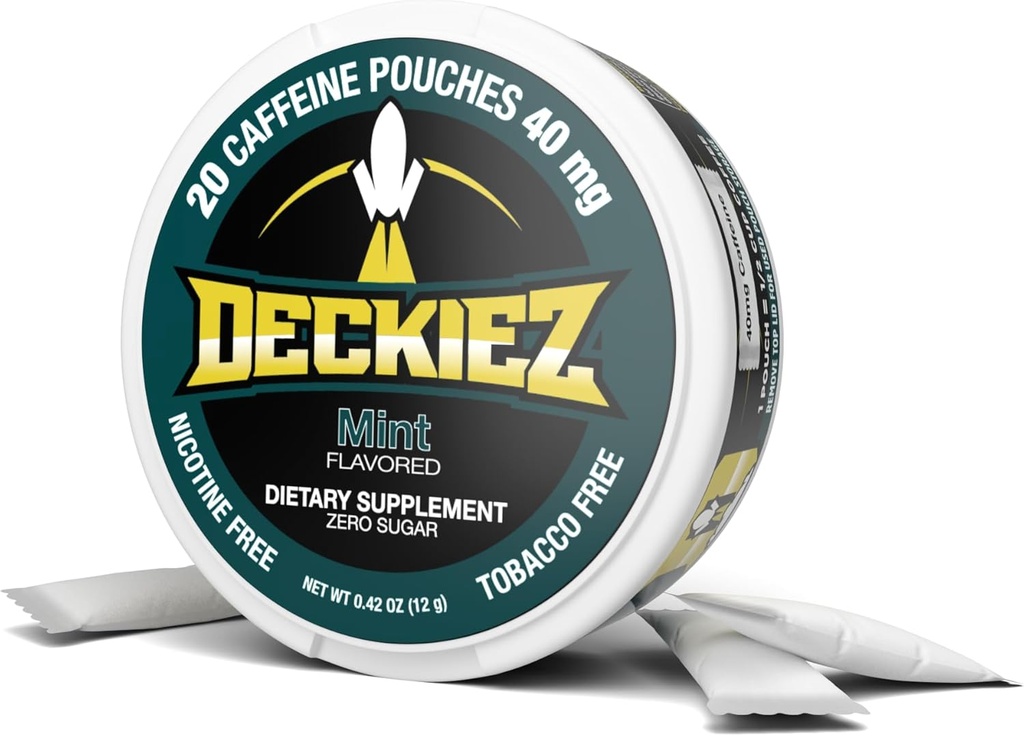 Deckiez Energy Pouches, 5 plechovky (100 Servings), Cukr zdarma kofein dodatek, Kávové Pouches & Energy Drink Alternative, 50mg Caffeine Pouches, Mint Flavor