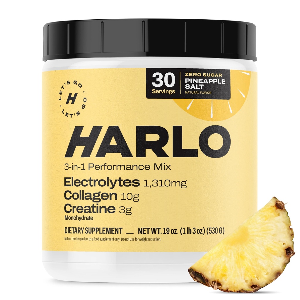 Harlo - Kolagen & creatine Electrolyte Drink Mix - Ananas Salt Flavor - Hydratační Pre & Post Workout Powder - Podporuje pokožku, spony a svalovou obnovu - Sugar- Free Energy Boost