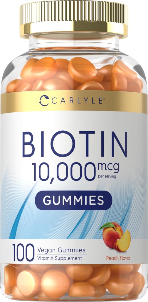 Carlyle Biotin 10000mcg Gummies PHAR124; 100 Počet 124; Peach Flavor dodatek PHAR124; Vegan, Non- GMO, gluten zdarma