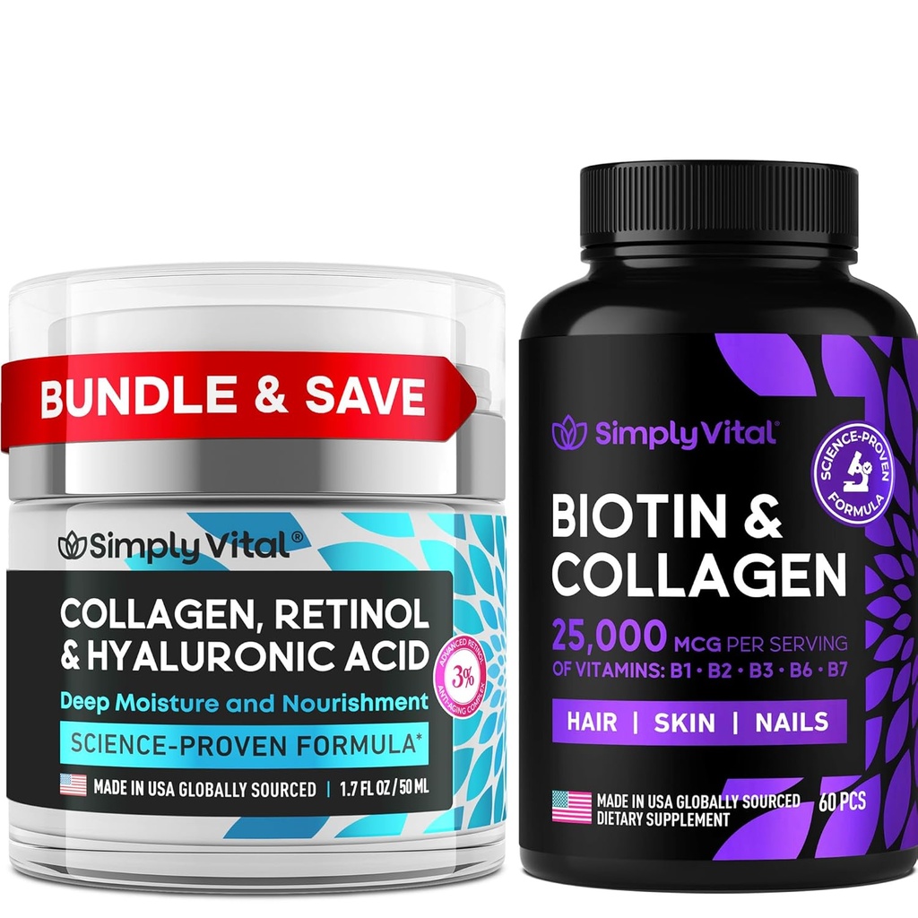 SimplyVital Biotin, Collagen & Retinol Bundle - 5000mcg Biotin for Hair, Skin & Nails + Anti- Aging Retinol & Hyaluronic Acid Cream for Face, Neck & Décolletté - Made in USA