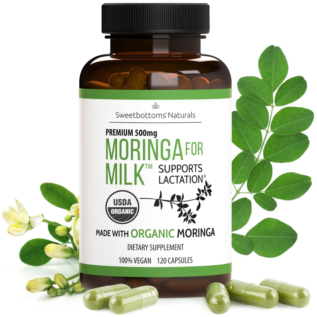 Doplněk k laktaci - Organic Moringa Kapsle pro podporu kojení pro zvýšení přísun mléka (120 ct) Čisté Malunggay Leaf Powder for Milk Production Booster & Postnatal Vitamins A E K 500mg