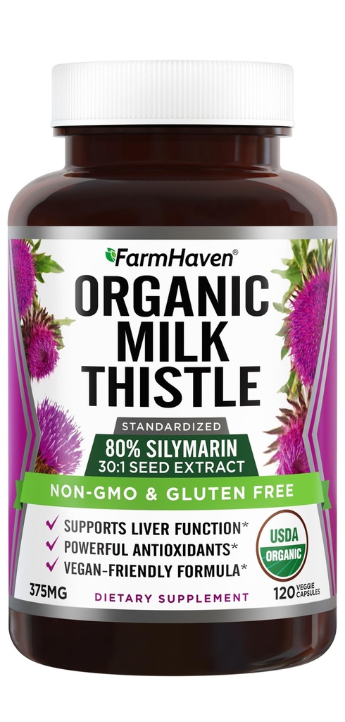 FarmHaven USDA Organic Milk Thistle Kapsle 124; 30X Koncentrovaná semena Extrakt & 80% Silymarin Standardizované - Podporuje funkci jater a celkové zdraví 124; Non- GMO Capsle 124; 120 Vegan Kapsle