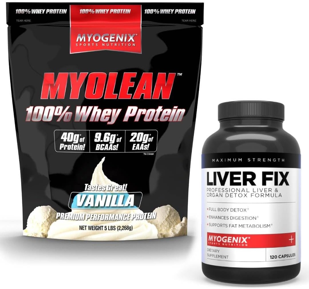 Myogenix Játra Supplement & Myolean Vanilla Whey Protein - Pokročilé zdraví jater a svalová obnova s 40g High- protein Whey - Podpora detox, růst a výkon