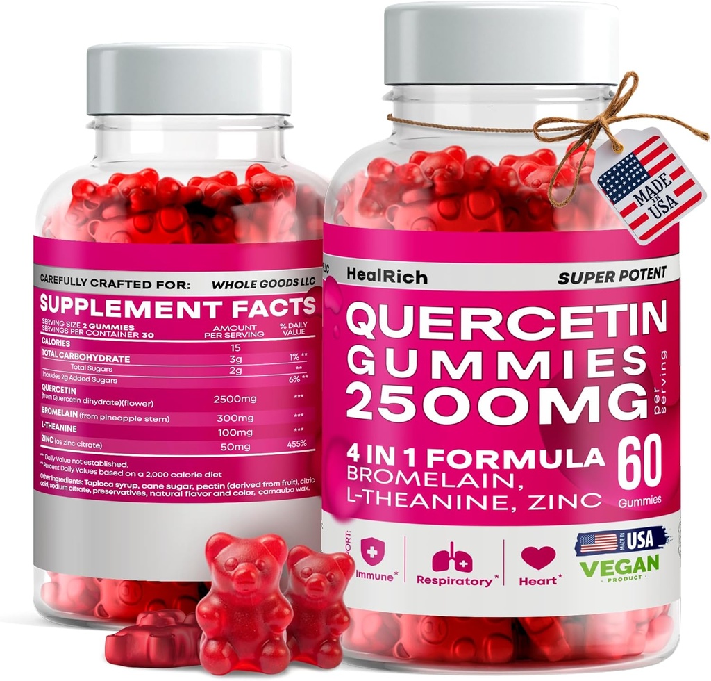 Quercetin Gummies - 2500MG s Bromelain, L- Theanine & Zinc Vegan Imunitary Supplementary Supplementary for Kids & Dospělí - Alergie Relief & Lung Health