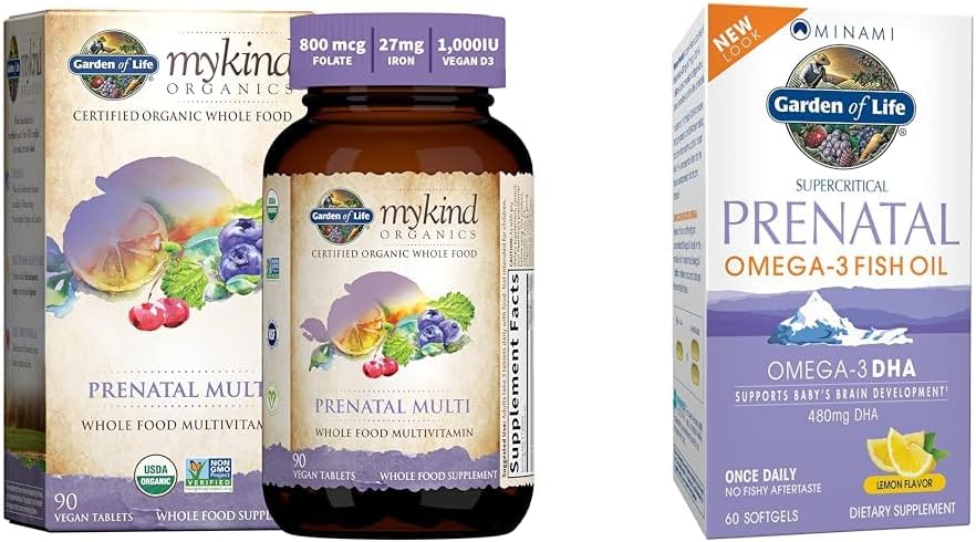 Zahrada života Ženy Prenatal Multivitamin s vitamínem D3, B6, B12, C & Železo & Prenatal DHA Omega 3 Rybí olej - Minami přírodní Prenatal, 60 Softgels