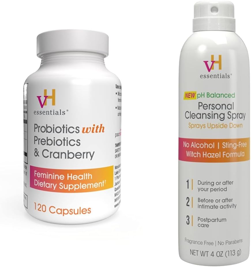 vH nezbytnosti Probiotika s Prebiotika a Cranberry Feminin Zdravotní dodatek - 120 Kapsle a osobní čištění sprej Bundle
