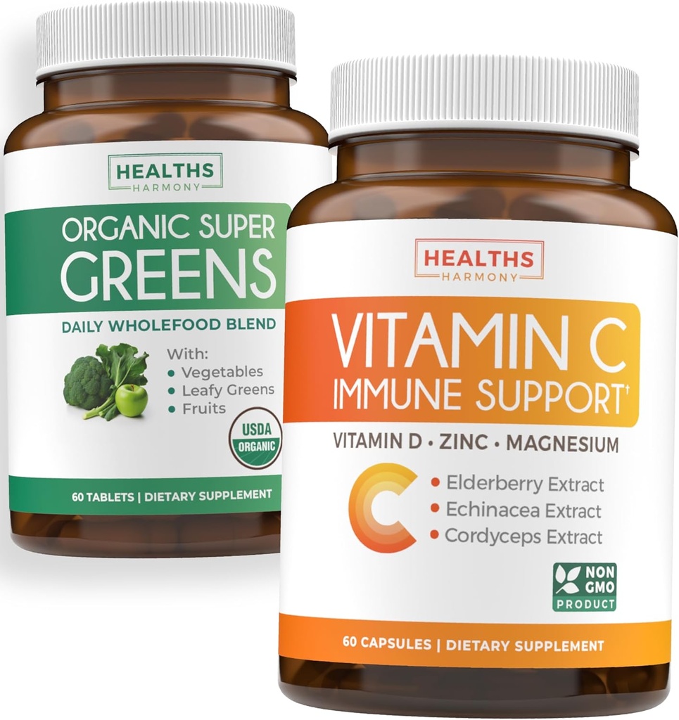 Super zelené a vitamín C (1- měsíční zásoba) Zelené a C Synergy Bundle of Organic Super Zelené Powder - Kompletní Superfood (60 Kapsle) & & Vitamin C imunitní podpora (60 Vegetariánské Caps) (Non- GMO)