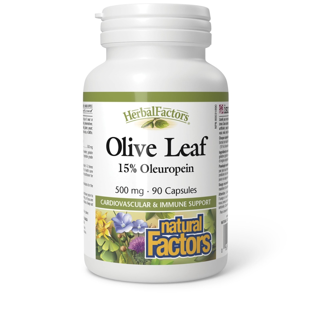 HerbalFactors by Natural Factors, Olive Leaf 500 mg, Natural Wellness Formule, 90 Kapsle