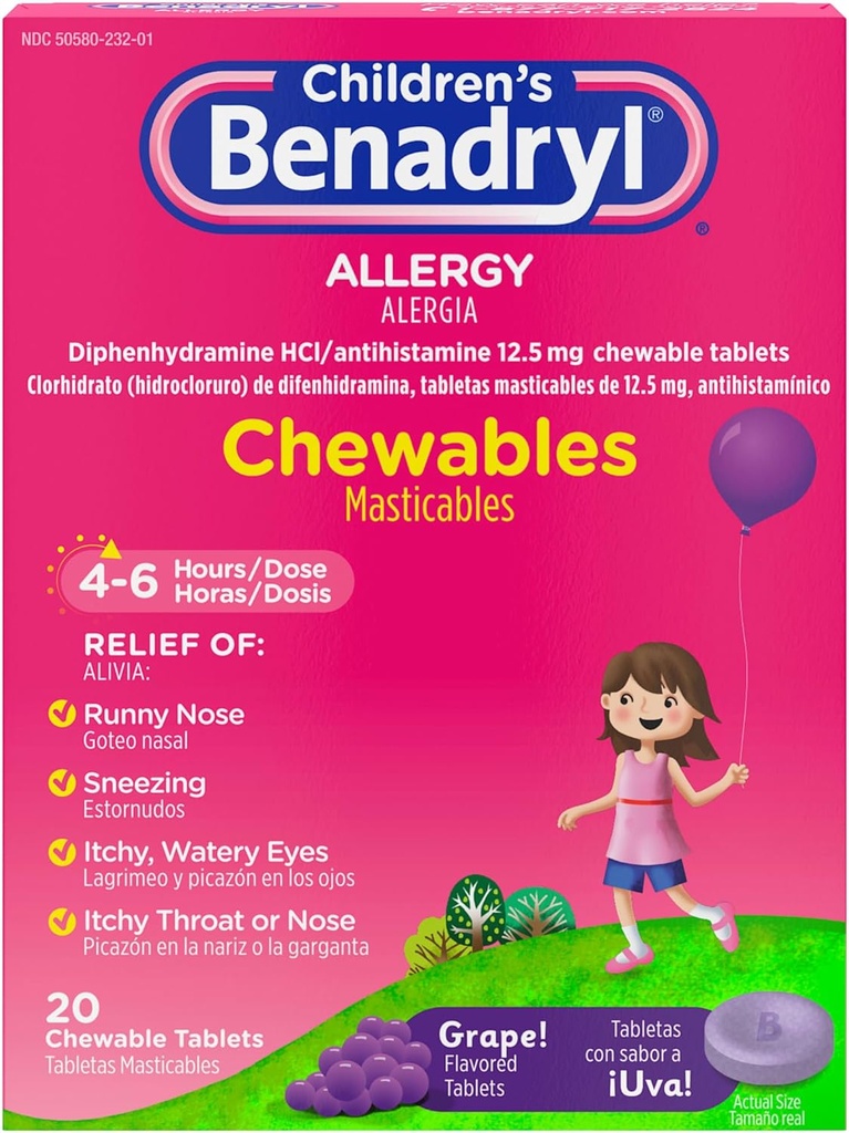 Benadryl Dětská alergická medicína Žvýkačky s difenhydramine HCl, Žvýkací dětské antihistaminové tablety pro úlevu od alergických příznaků, jako je močení a ltchy očí, Grape Flavor, 20 ct