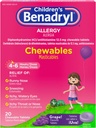 Benadryl Dětská alergická medicína Žvýkačky s difenhydramine HCl, Žvýkací dětské antihistaminové tablety pro úlevu od alergických příznaků, jako je močení a ltchy očí, Grape Flavor, 20 ct