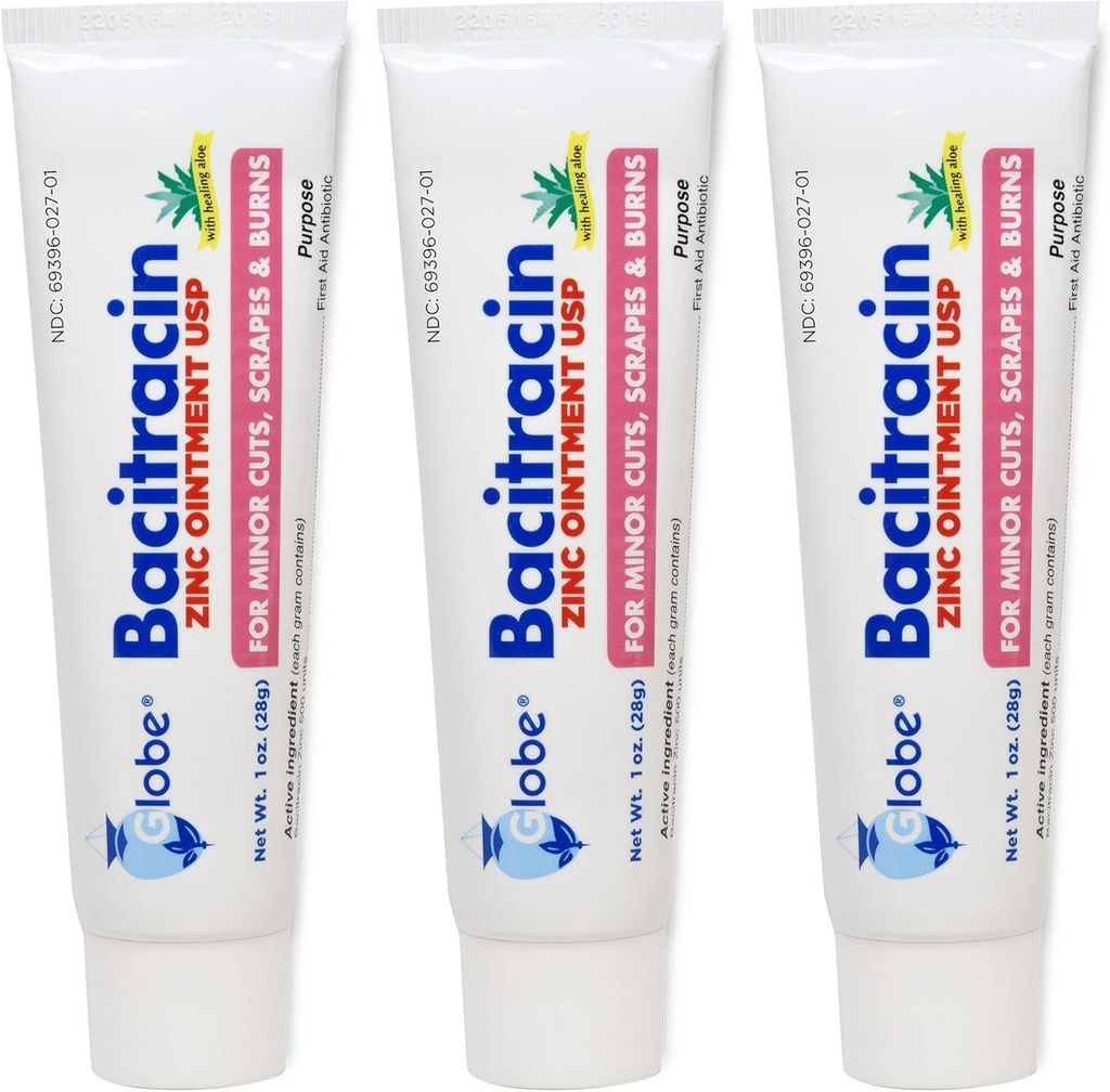 Globe (3 Pack) Bacitracin zink Ointment + Aloe 1oz - Maximální síla antibiotika pro léčení ran - Topical Medicated Solution for Cut, Burns, Scraps - Skin Infection & First Aid Essentials
