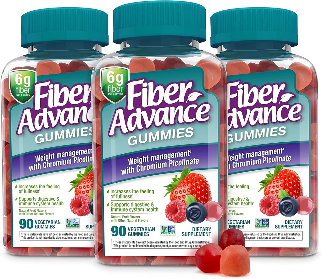 Fiber Advance Weight Management Gummies PHAR124; 100% rostlinný fiber for Digestive Wellness and Gut Health PHAR124; Chromium Picolinát for Weight Management Support (3- Pack)