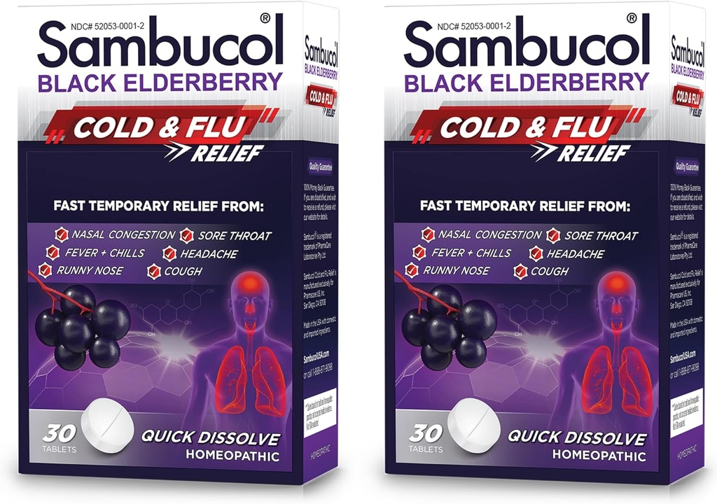 Sambucol Studené a Flu Relief Tablety - Homeopatická studená medicína, Nasal & Sinus Congestion Relief, Použití pro Runny Nose, Kašel, Cold Remedy pro dospělé - Black Elderberry, 30 Počet, 2-Pack