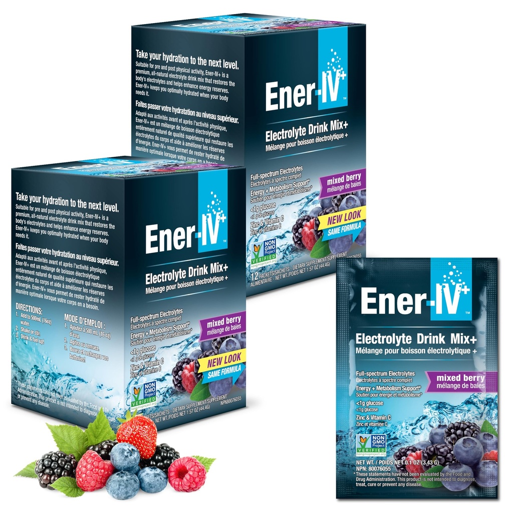 Ener-IV Electrolyte Drink Mix - Electrolytes Powder Packets, Hydration Powder Drink, Hydrate Liquid Mix, Nízký cukr Rehydratace pro ženy a muže - Smíšené Berry, 24 Počet