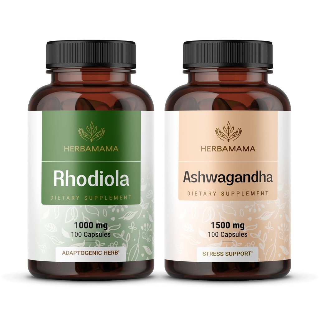 HERBAMAMA Rhoddiola Rosea and Ashwagandha Kit - Bundle 1000 mg Rhoddiola Rosea Kapsle & 1500 mg Ashwagandha Root Kapsle - Vegan, Non- GMO, Gelatin- Free - 2 Pack