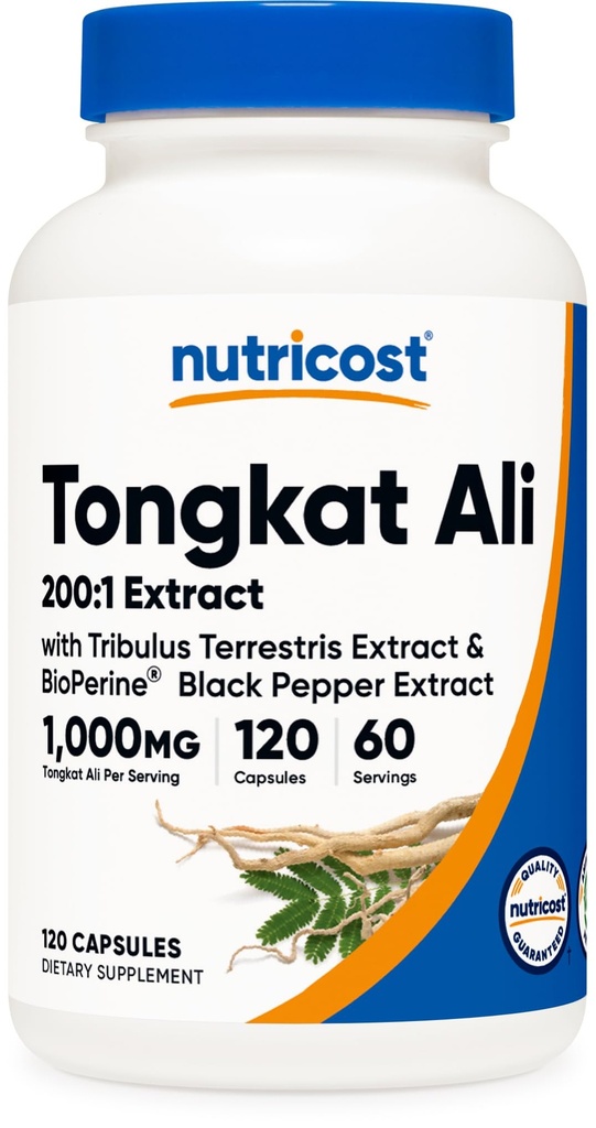 Nutricost Tongkat Ali 1,000mg 120 Kapsle - s Tribulus Terrestris a BioPerine, Vegetarian Caps, Non- GMO, Gluten Free, Potent Extract