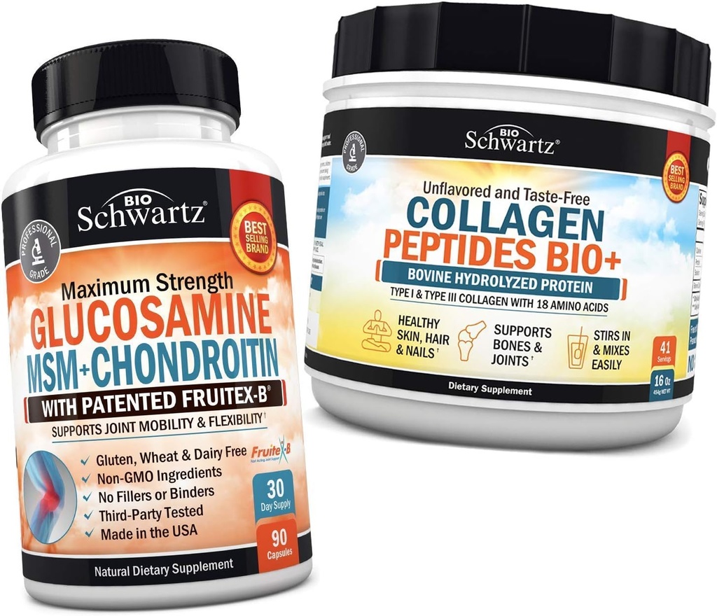 BioSchwartz Glucosamine Chondroitin MSM + Collagen Peptides Powder - Zdravá podpora kostí a kloubů - Podporuje flexibilitu a podporu chrupavky