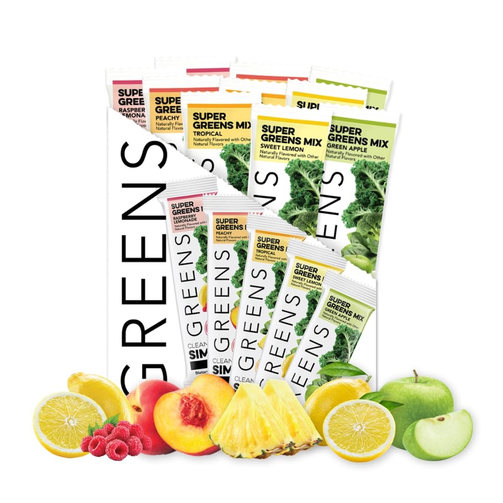 Clean Simple Eats Green Variety 10 Pack, Green Powder Mix, Baleno se Superfoods Chlorella & Spirulina, Obsahuje 5 Delicious Flavors: Peachy, Green Apple, Maliny Lemonade, Sladký citrón & Tropical