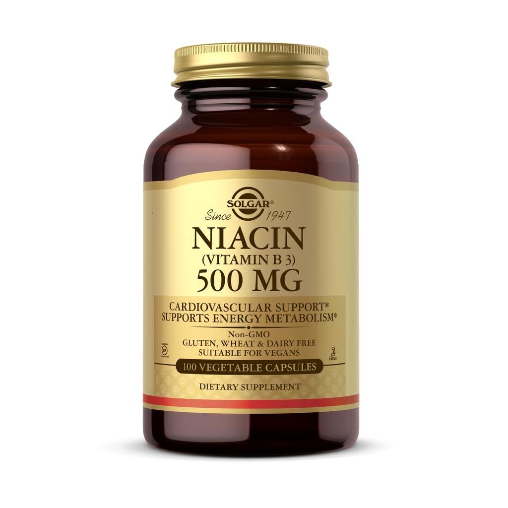 Solgar Niacin (vitamin B3) 500 mg, 100 zeleninových kapslí - Energetický metabolismus - Non- GMO, Vegan, Gluten Free, Dairy Free, Kosher - 100 Služeb