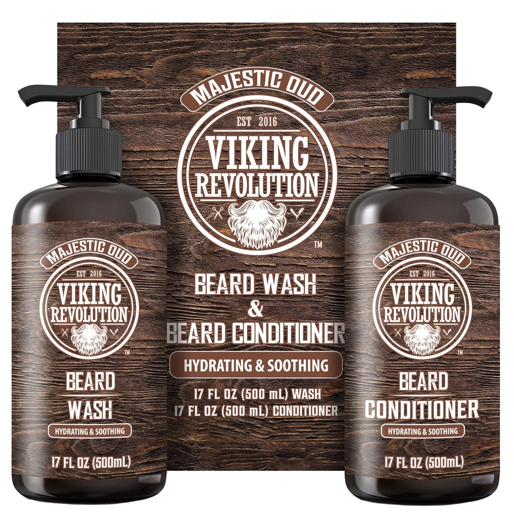 Viking Revolution Beard Wash and Beard Conditioner for Men with Argan Oil and Jojoba Oil - Beard Softtener and Posilovač Beard Care Shampool and Conditioner with Beard Oil (17oz, Majestic Oud)
