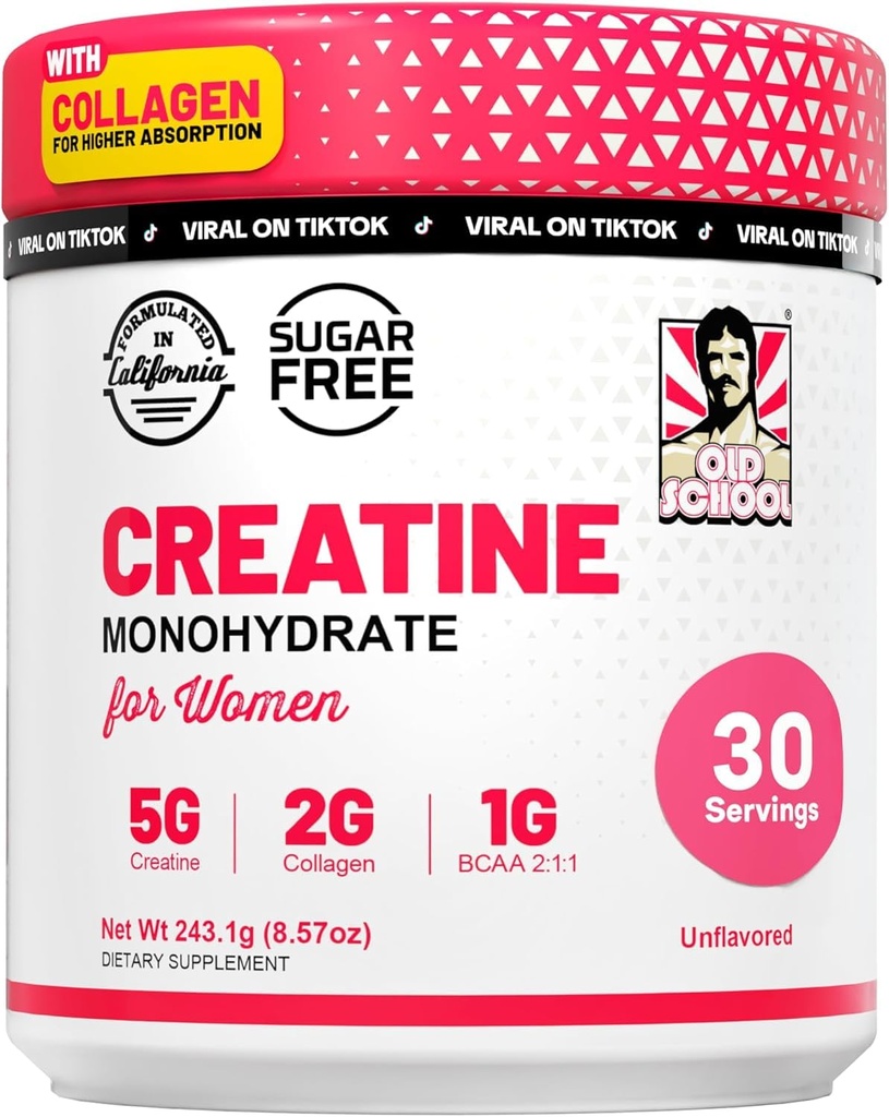 Old School Labs Creatine for Women - Post- Workout dodatek s 5000mg Creatine Monohydric Powder, 2000mg Collagen & BCAA 2: 1: 1 pro podporu síly a obnovu - Neochucené - 8.57 Ounce (balení po 1)