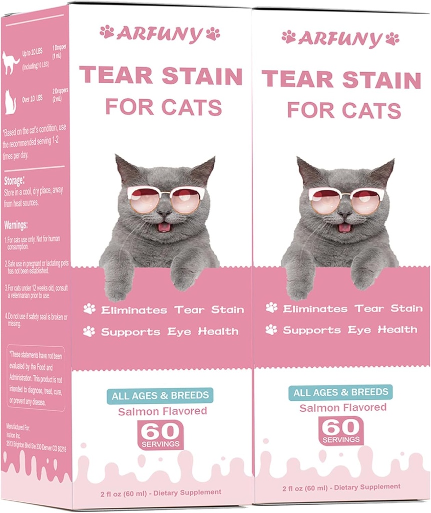 2 Balíčky Tear Stain dodatek pro kočku - Zabraňte a vyřaďte kočky Tear Stains - 60ML Cat Tear Stain Remover Kapky pro oční zdraví, imunitní systém - s brusinkou, Marshmallow & Vitamíny - Losos