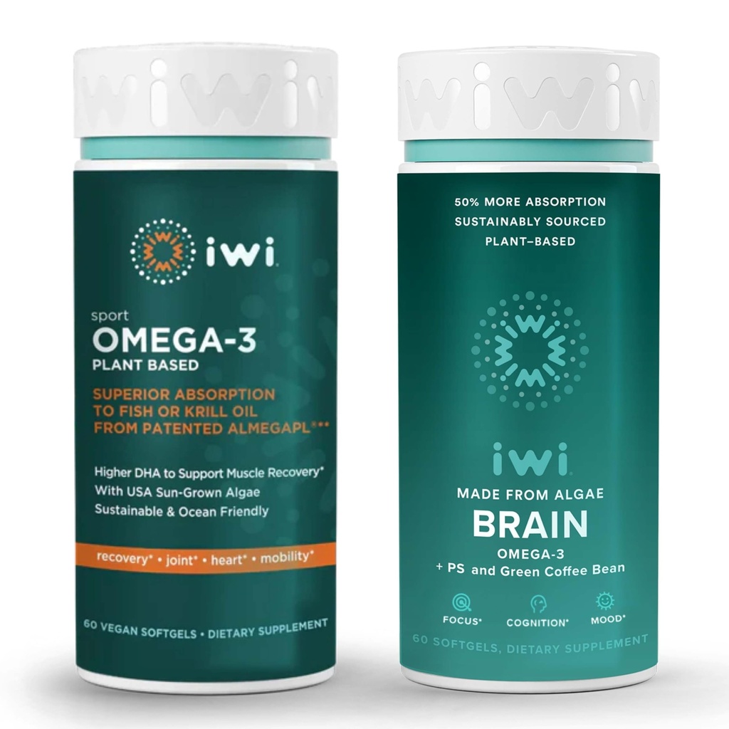 iwi Omega33 Sport & Brain Omega33 Bundle, 30 Servings, Vegan Plant- Based Algae Omega 3 s EPA + DHA, Krill & Fish Oil Alternative, No Fish Aftertact