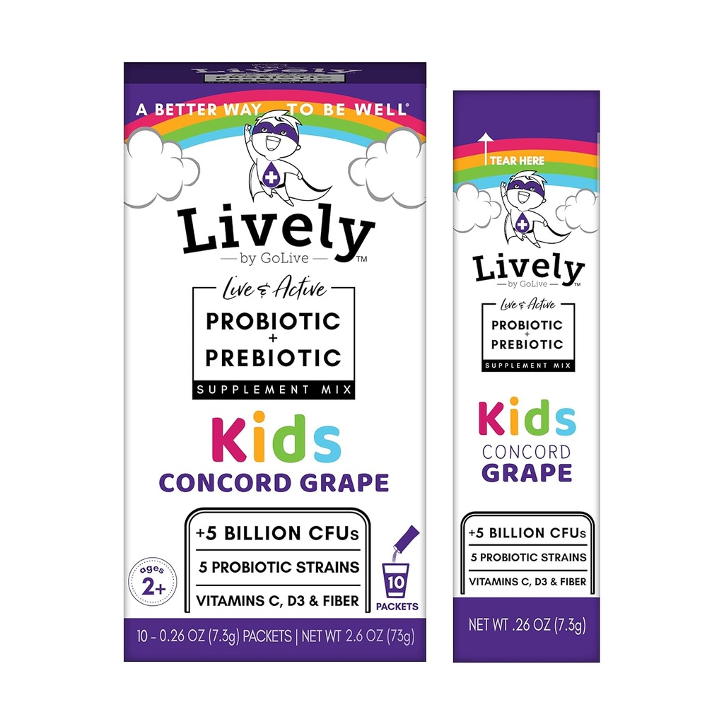 Živě (GoLive) Kids CONCORD GRAPE Synbiotic (Probiotika + Prebiotika); 5 klinických pásů; + 5 miliard CFU. Probiotika a prebiotika KIDS pro potravu, metabolismus, imunita. (10 balíčků)