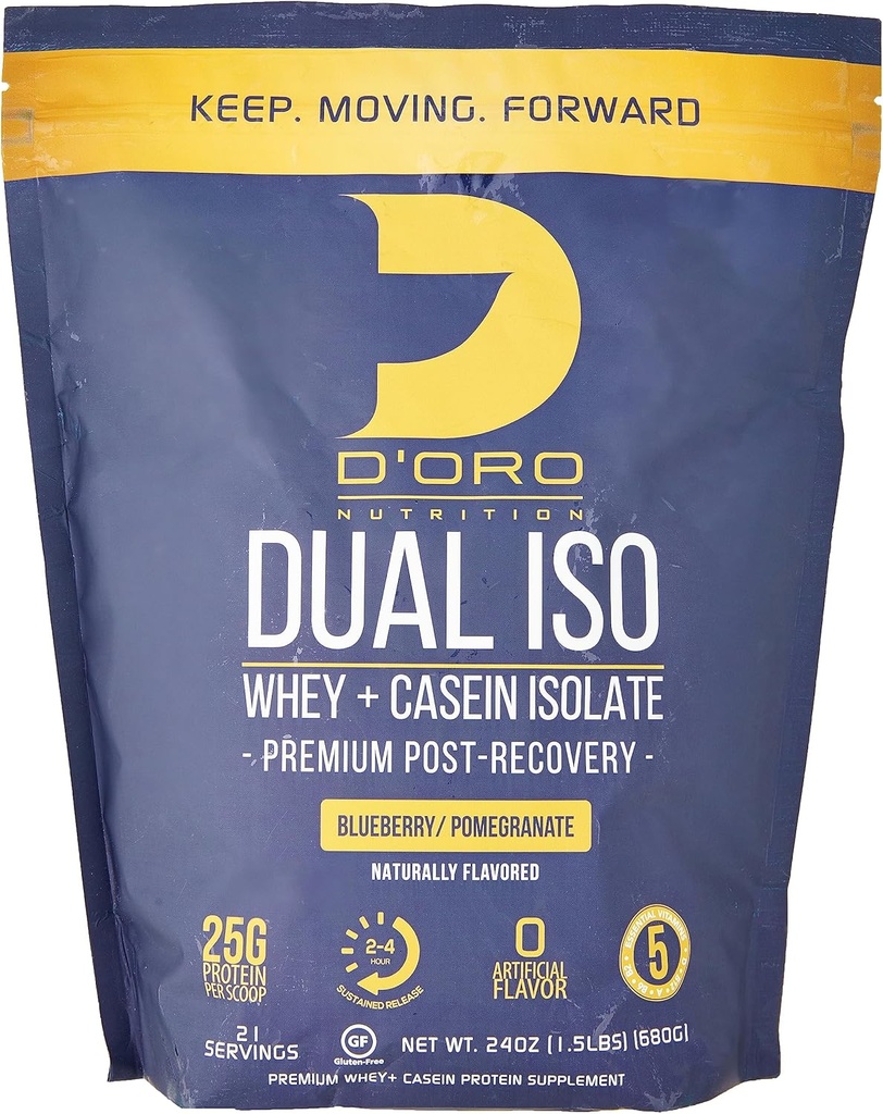 Dual ISO Syrovátka a kasein izolát proteinový prášek - borůvkový a granátový flavor - Premium Post recovery protein prášek - 27G proteinu per Scoop