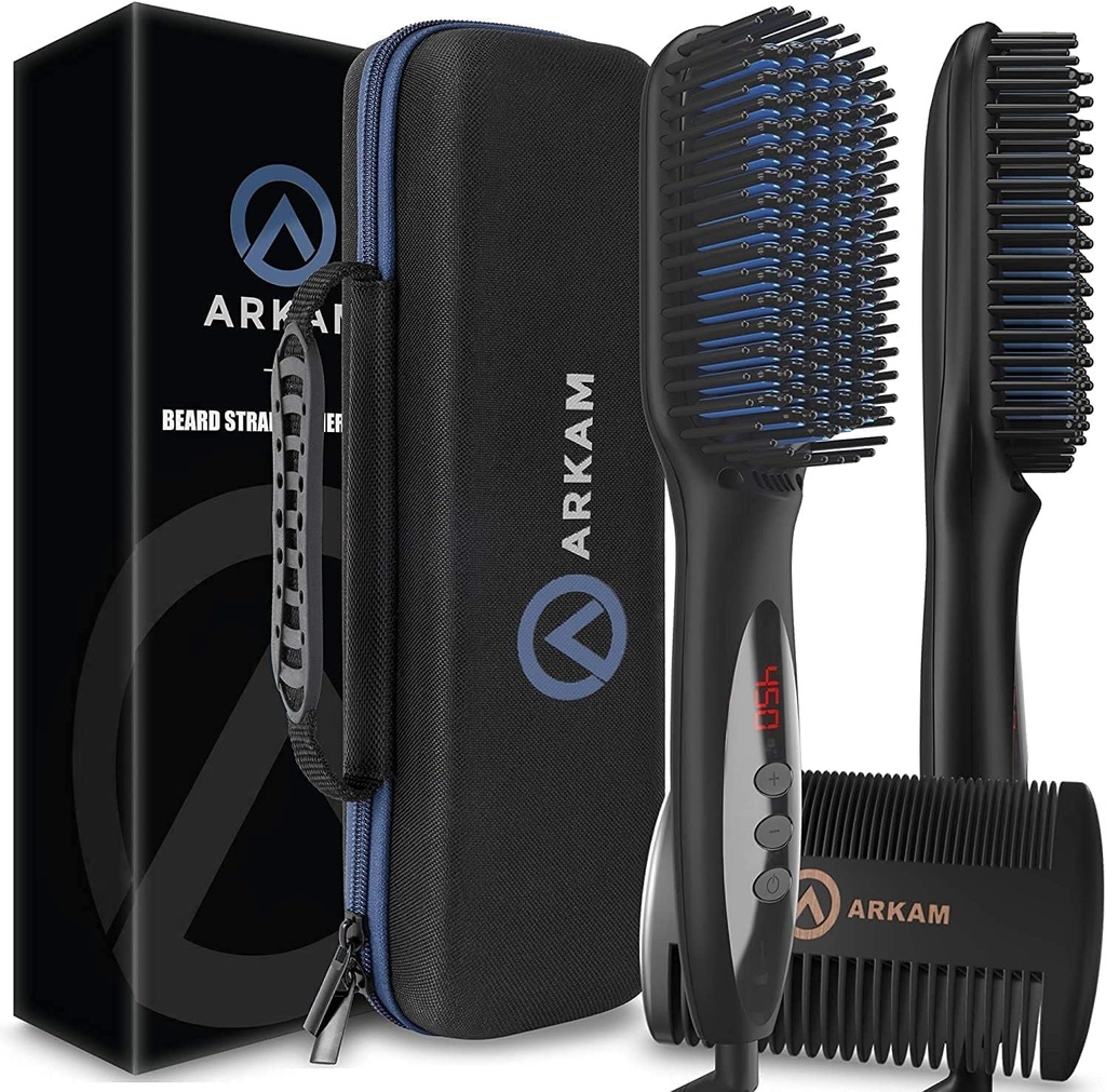 Arkam Beard Straightener pro muže - Premium Vyhřívaný Beard Brush Kit w / Anti- Scald Funkce, Dual Action Hair Comb and Hard Shell Cestovní pouzdro pro střední až dlouhé vousy - Kostýmy a péče o dárky pro muže