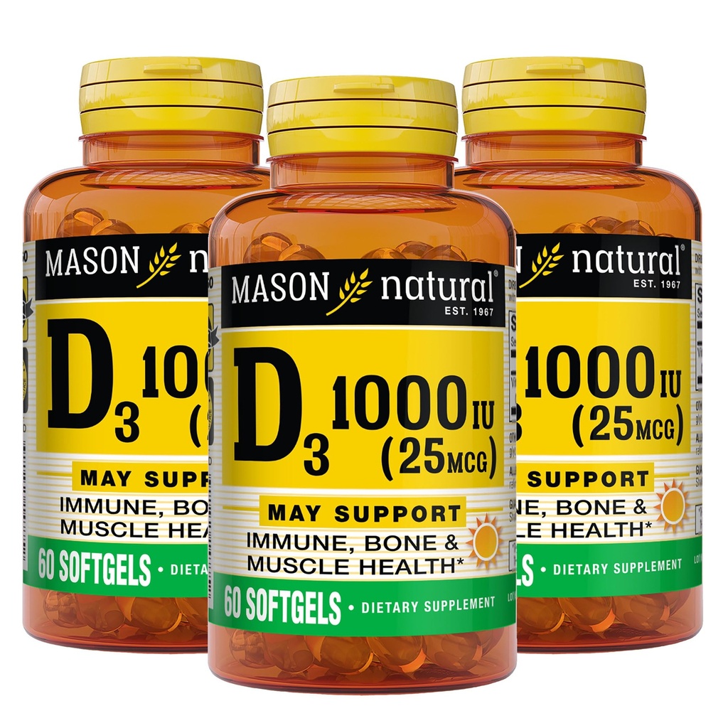MASON NATURAL Vitamin D3 25 mcg (1000 IU), Bone & Imunitation Support, from Fish Jaterní Oil, 60 Softgels (Balení po 3)