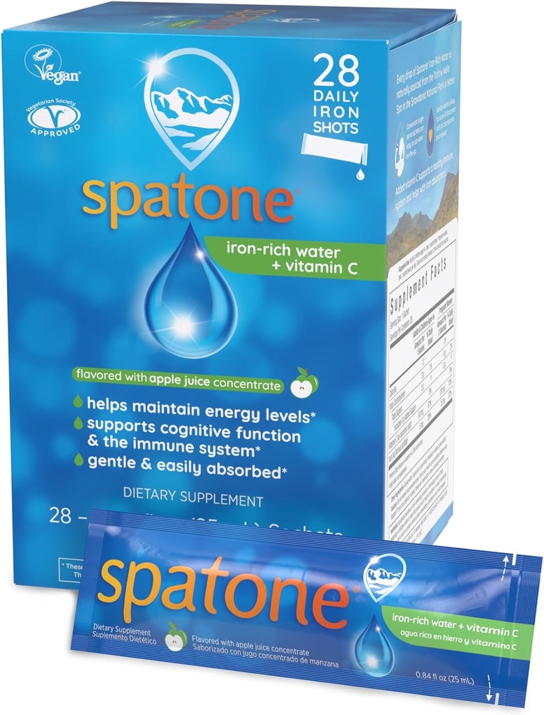Spatone Natural Liquid Iron Supplement Plus VIT C pro ženy - Muži a děti věku 4 + - Ideální během těhotenství - Snadno absorbované & Gentle - Vegan - Apple Flavor - 28- den - 5mg železa per 20ml Sachet