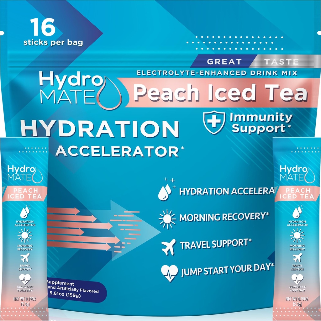 HydroMATE Electrolyte Powder Peach Tea Hydration Packets Nízký cukr 16 Počet