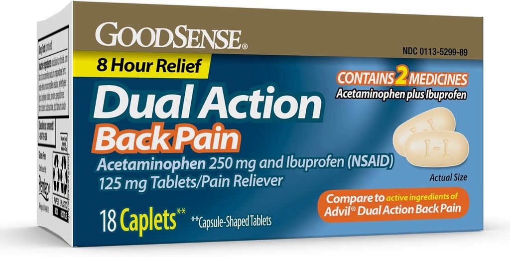 GoodSense Dual Action Acetaminofen a Ibuprofen (NSAID) Tablety, 250 mg / 125 mg, bolest zad, 18 Počet