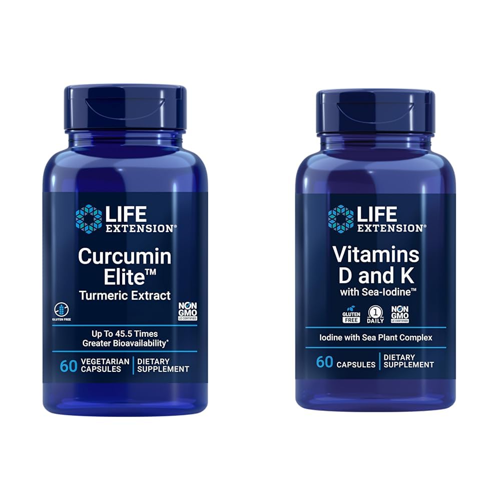 Life Extension Curcumin Elite Turmeric Extract, Podporuje zdravé zánětlivé reakce & Vitamíny D a K s Sea- jód, Vitamin D3, Vitamin K1 a K2