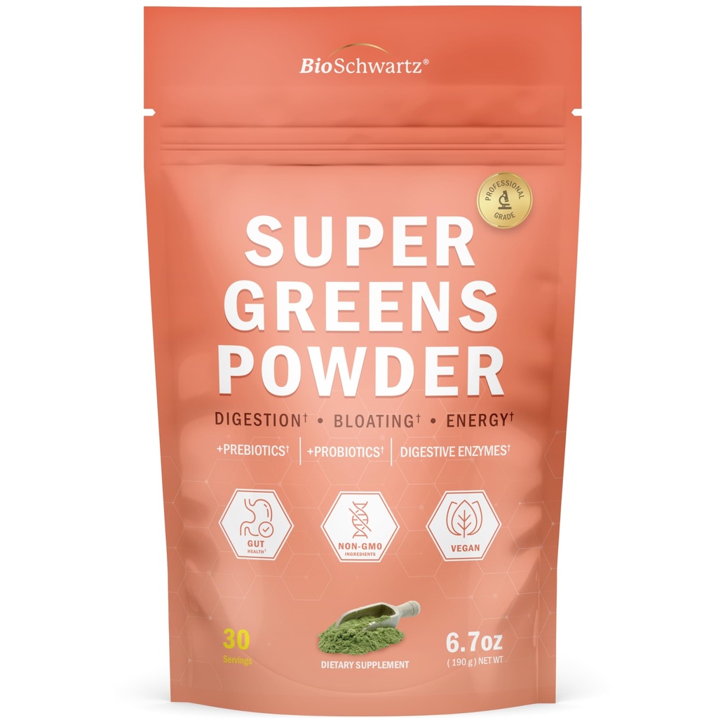BioSchwartz Green Powder Super Green s Probiotika, Prebiotika, Digestive Enzymy & 43 Zelené Superfoods - Chlorofyl, Borůvky, Chlorella, Spirulina - Chutná úžasné - 30 Služeb