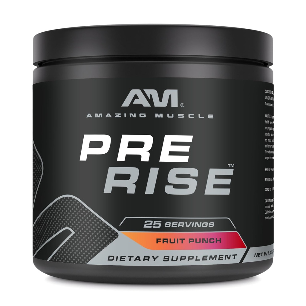Amazing Muscle Pre Rise 124; Předcvičení Práškový dodatek s kofeinem & Beta- Alanin pro muže a ženy 124; 25 Služení (25 Sluhy, Ovocný punč)