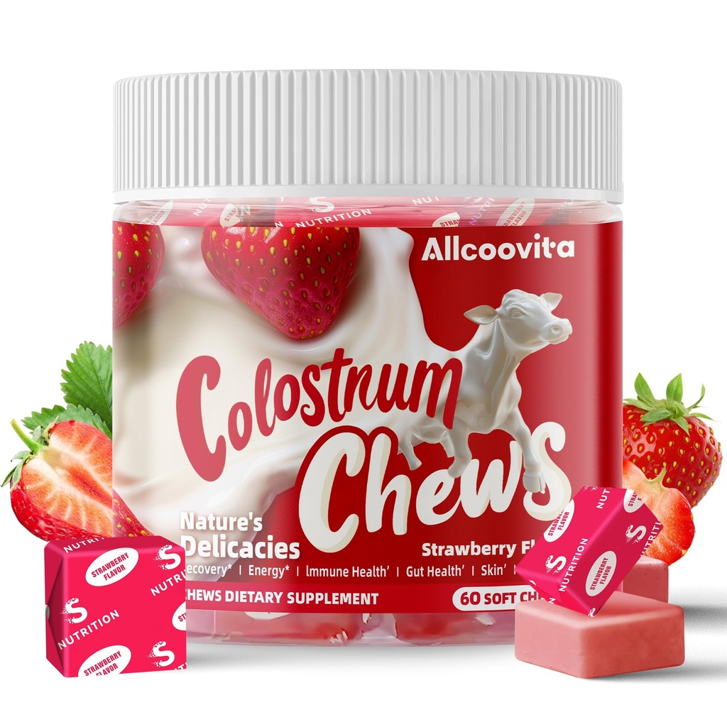 Bovine Colostrum Chews dodatek s probiotika pro Gut zdraví, nadýmání, imunitní podpora, kůže, růst vlasů a krása - Jahodové aroma (60 Služení)